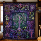 Purple Tree of Life quilted throw – green tree of life in purple patchwork