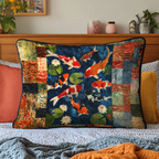 Koi Patchwork quilted pillowcase – orange koi framed by colourful patchwork