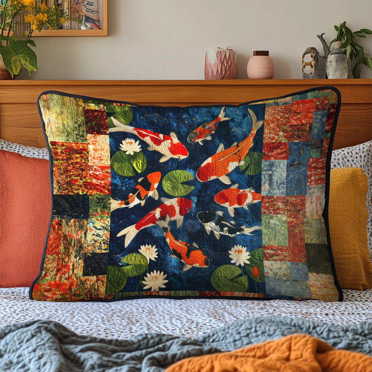 Koi Patchwork quilted pillowcase – orange koi framed by colourful patchwork