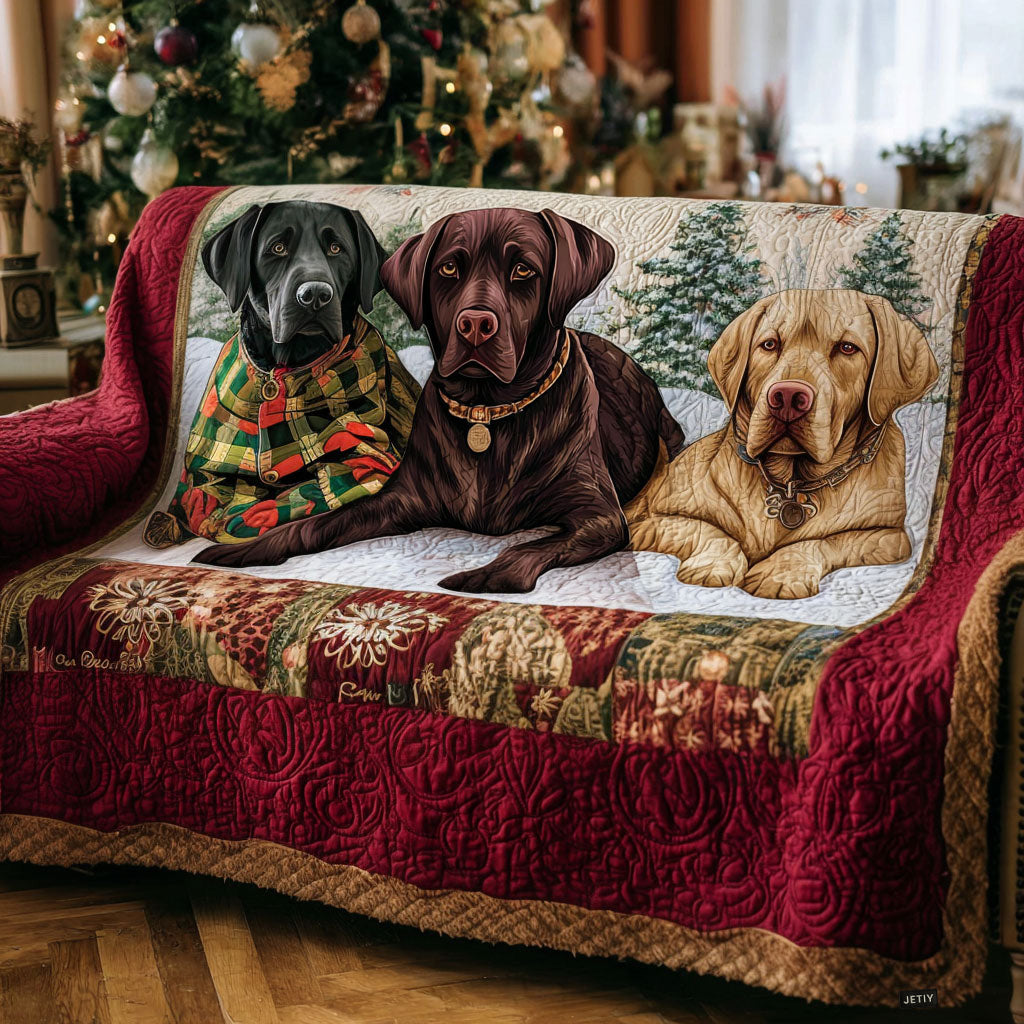 Labradors on Red quilted sofa cover – three Labradors above red
