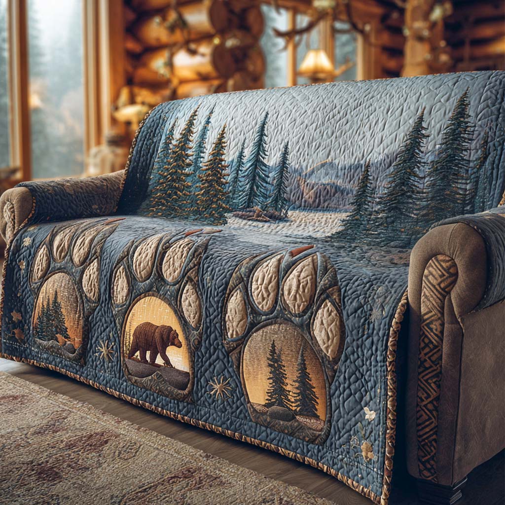 Bear Paw Forest quilted sofa cover – bear paws with forest scenes