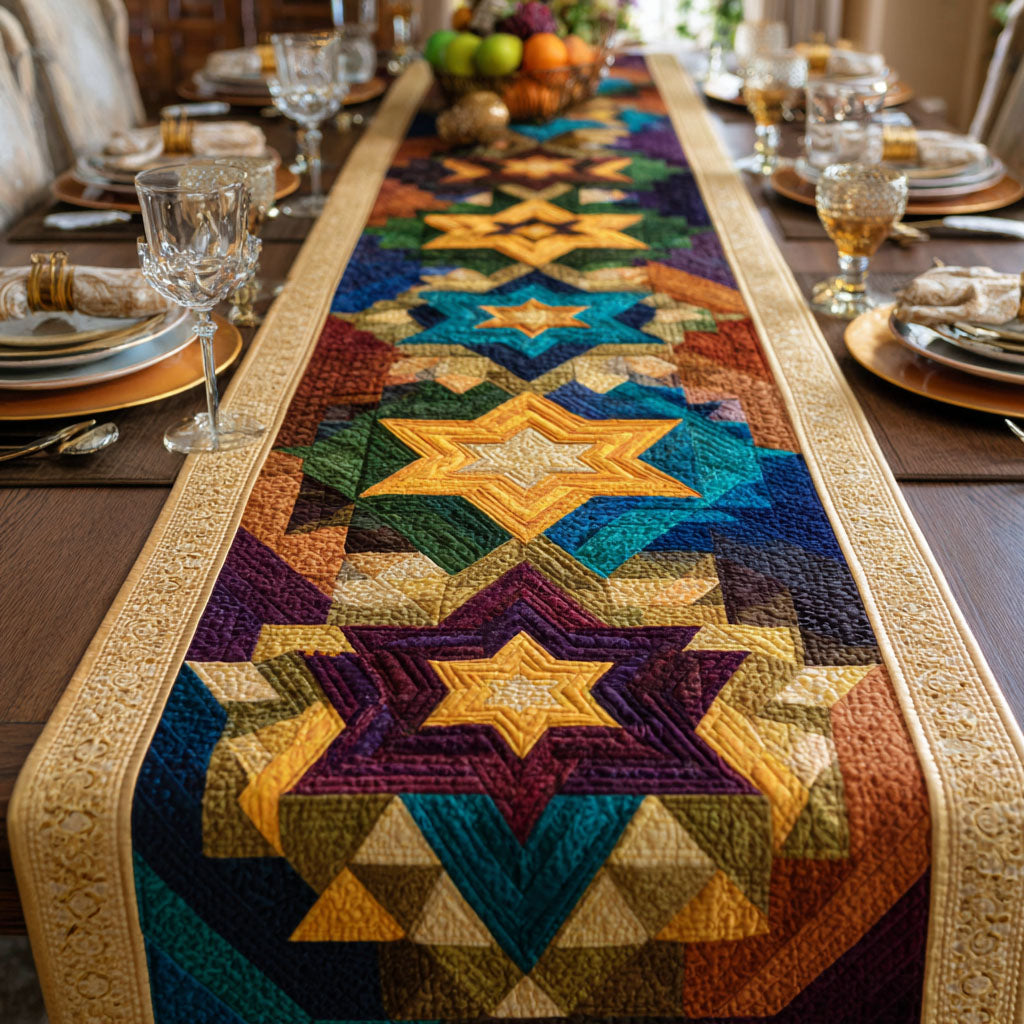 Jewel Star of David quilted table runner – golden stars in jewel tones