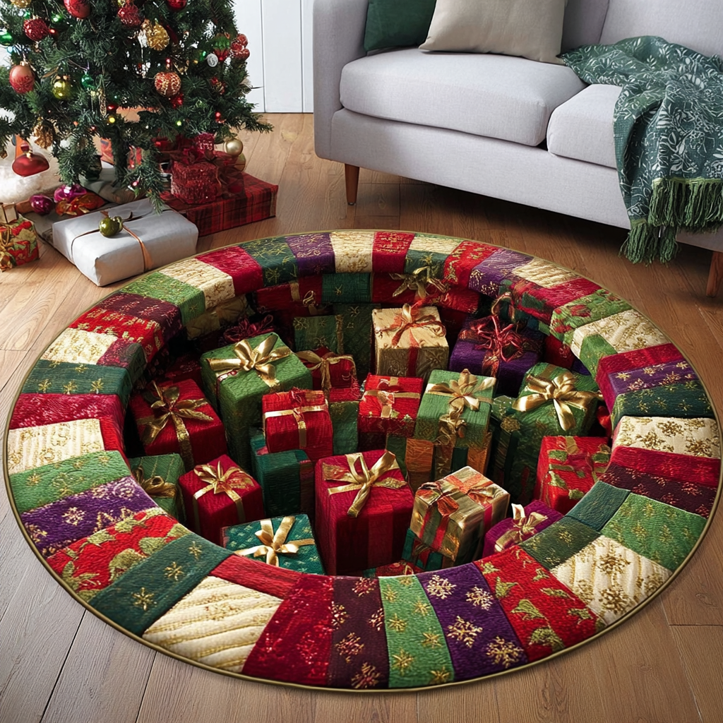 Enchanted Gift Depth round rug – presents in a patchwork well