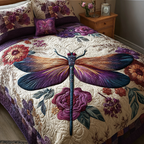 Dragonfly and Roses quilted bedspread set – purple dragonfly over burgundy roses