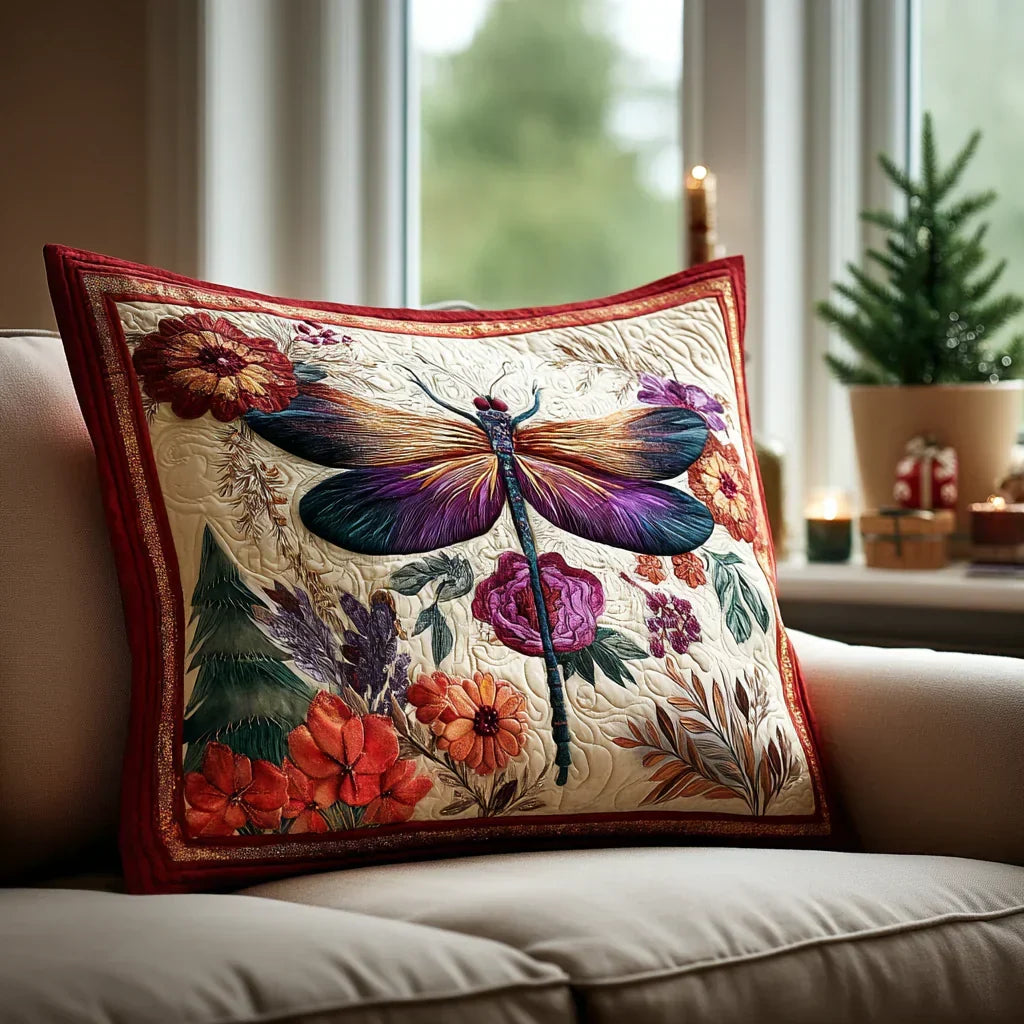 Quilted pillowcase with the Dragonfly design, a single dragonfly with open wings in teal, green and iridescent blue across the quilted front
