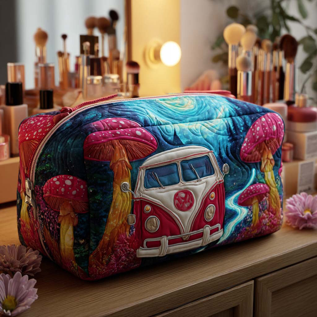 Quilted make-up bag with a rounded retro camper van rolling past oversized toadstools, open daisies and seventies swirls in the Magic Mushroom Ride design
