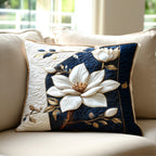 White Magnolia on Navy quilted pillowcase – white magnolia on a navy band