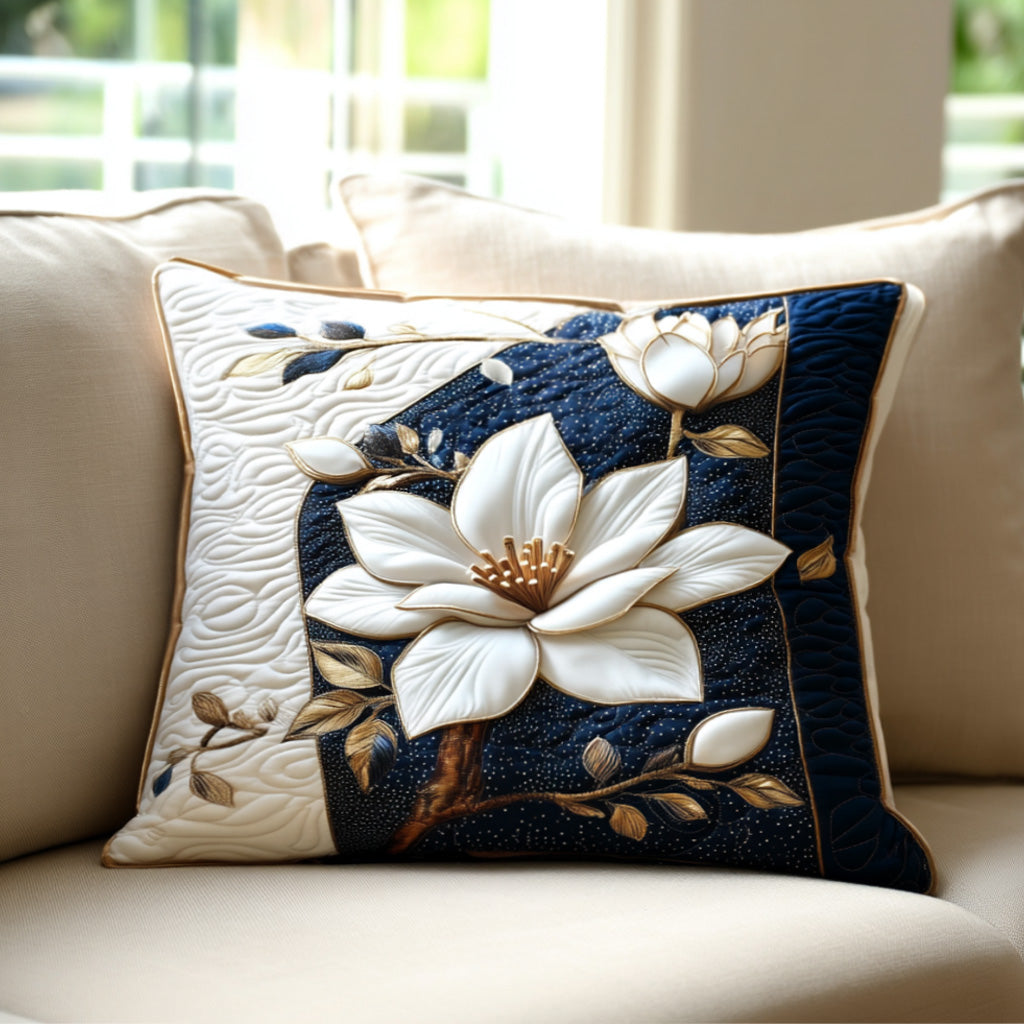 White Magnolia on Navy quilted pillowcase – white magnolia on a navy band