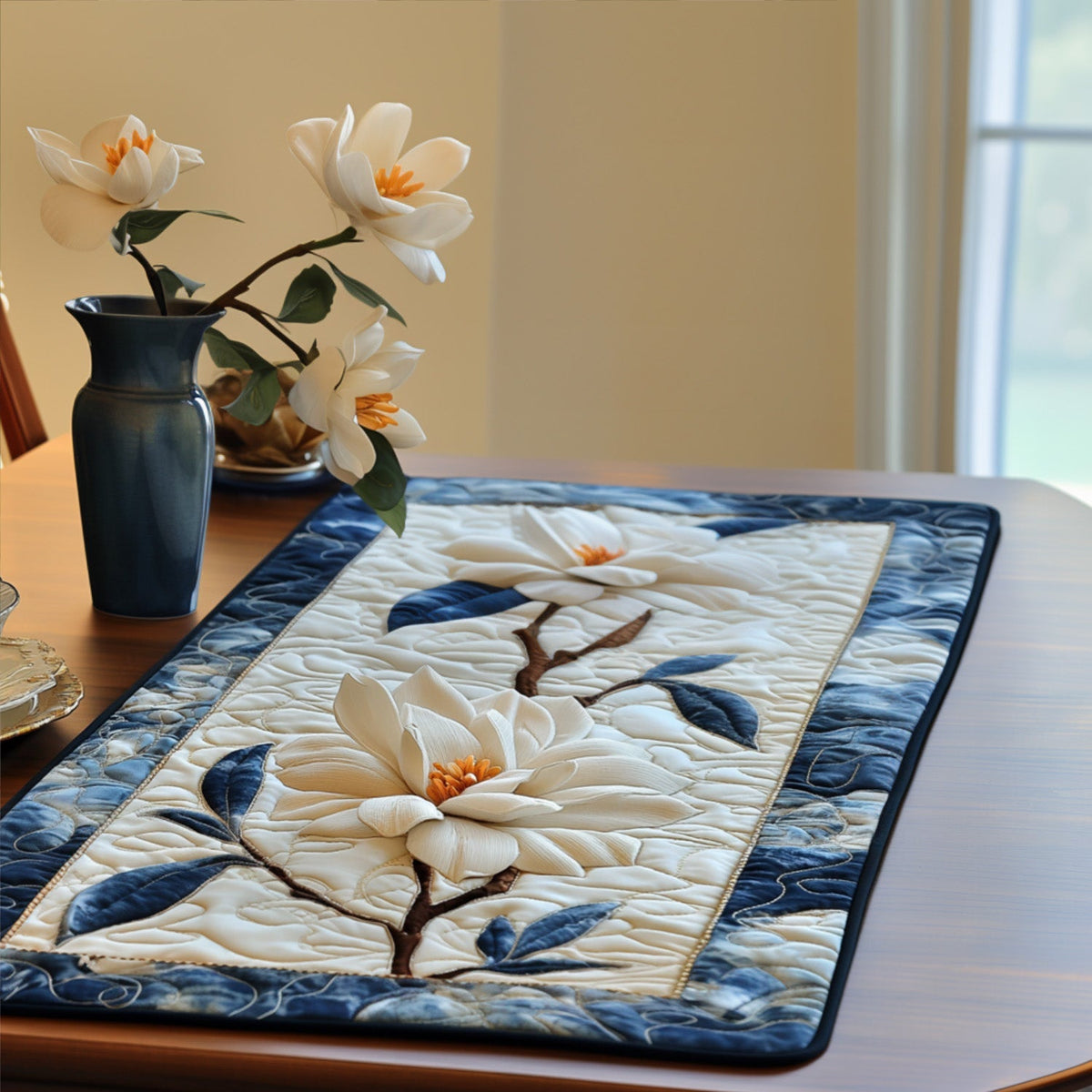 Magnolia Blooming quilted placemats – magnolia branch with blue border