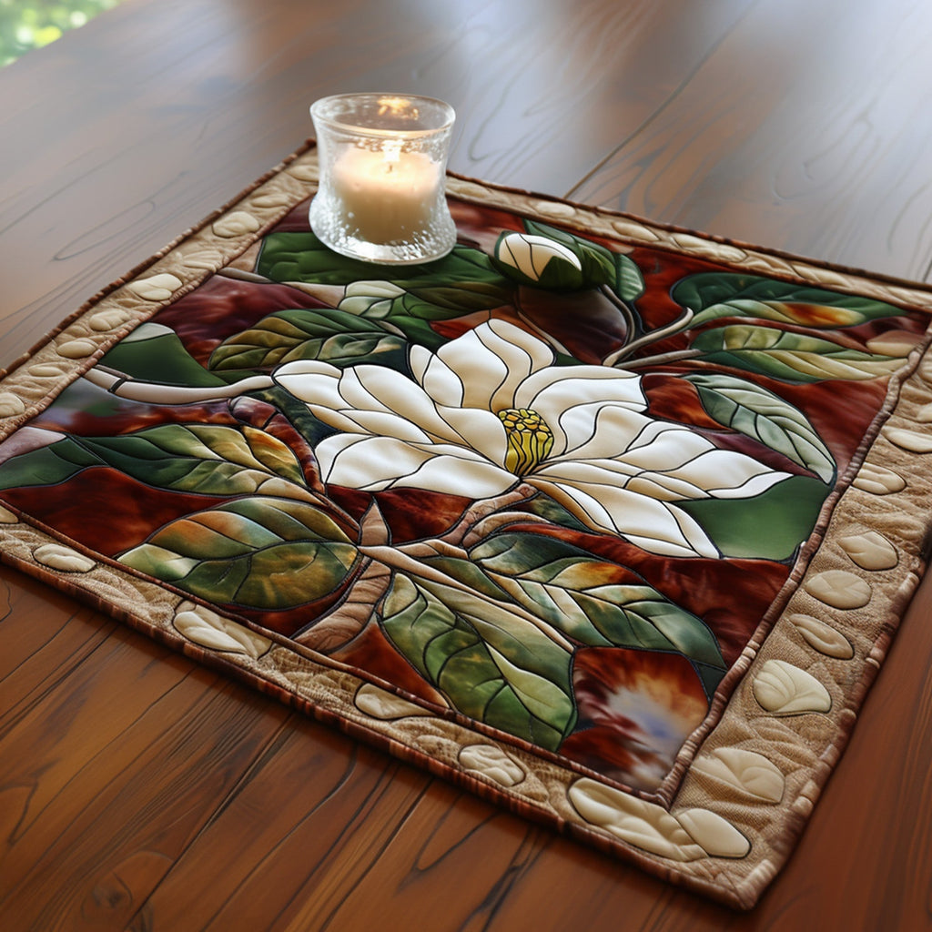 Magnolia Memories quilted placemats – magnolia on burgundy