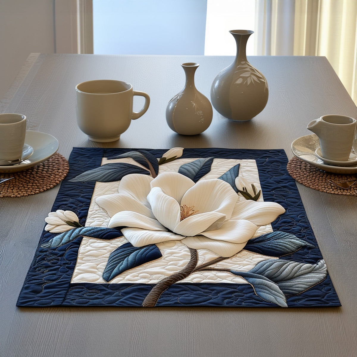 Magnolia Tranquil quilted placemats – magnolia on navy