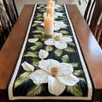 Magnolia on Black quilted table runner – white magnolias on black