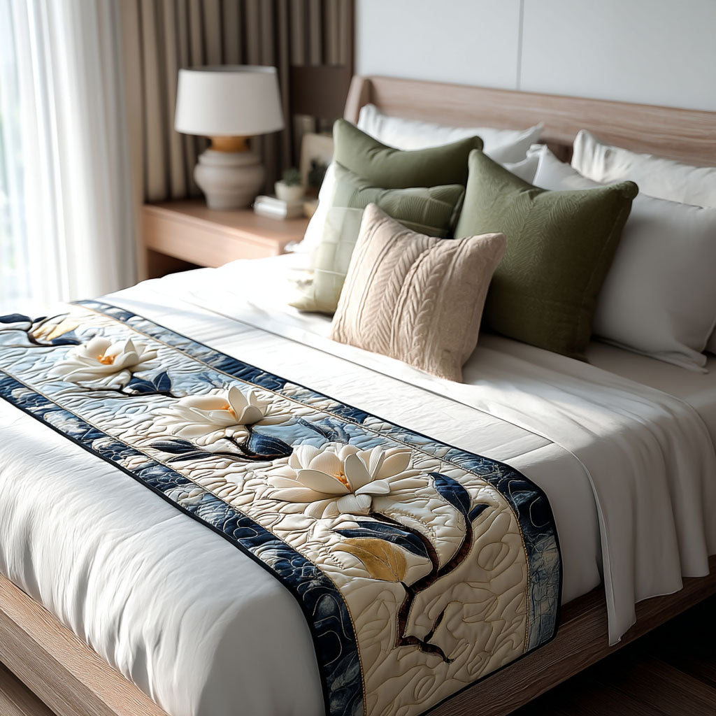 Magnolia Navy Border quilted bed runner – cream magnolias framed in navy