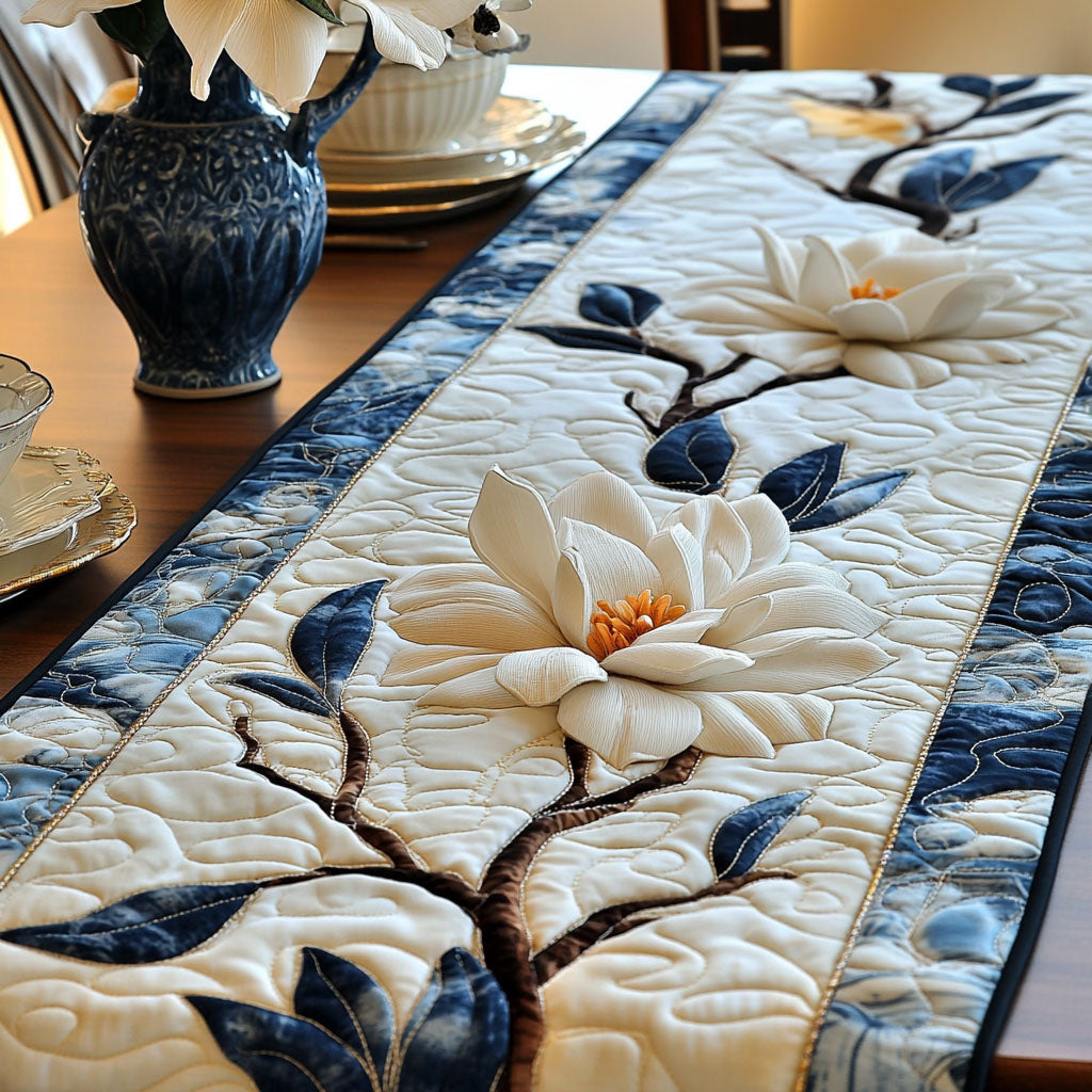 Magnolia Branch Navy quilted table runner – magnolias on a branch