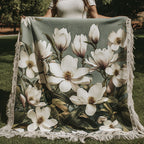 Sage Magnolia woven sofa throw – cream magnolias on sage