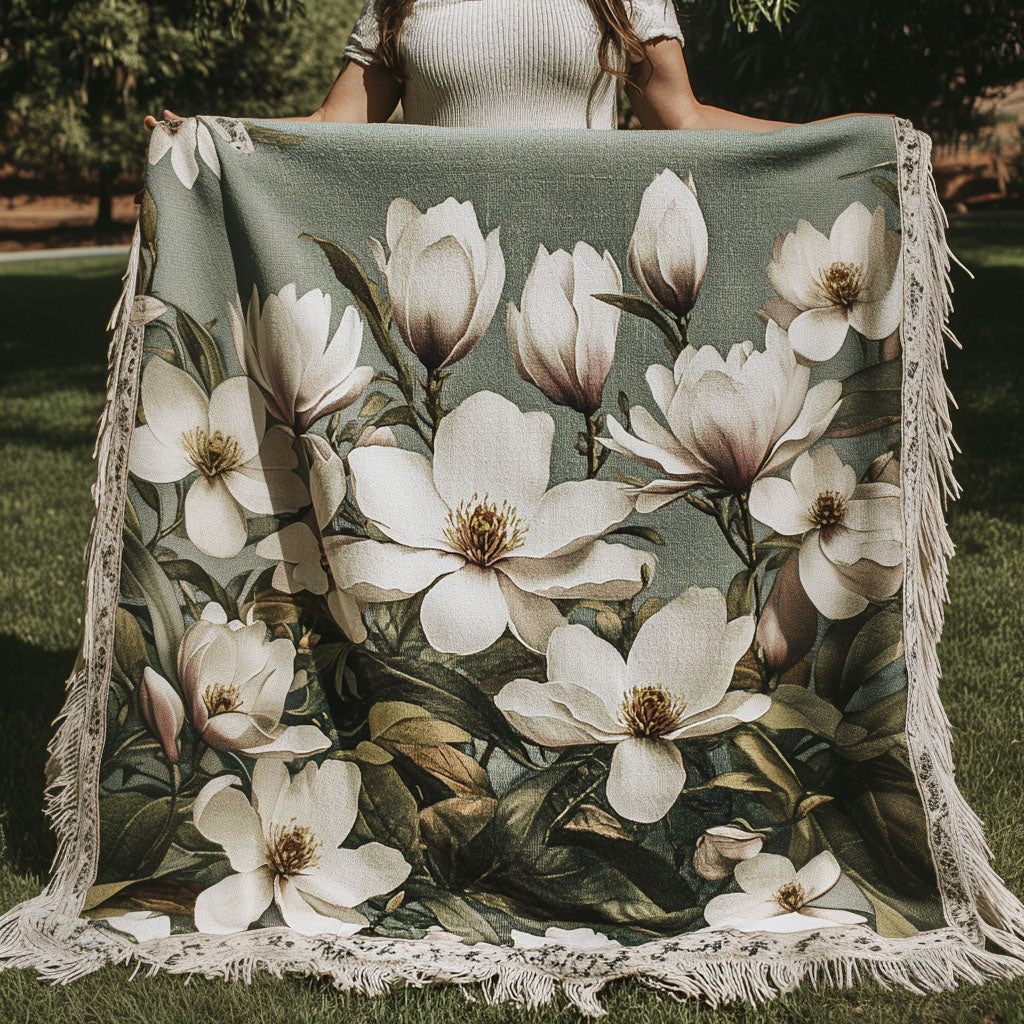 Sage Magnolia woven sofa throw – cream magnolias on sage