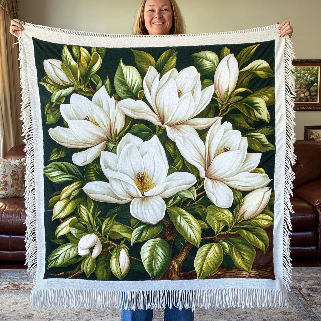 Magnolia Leaves woven sofa throw – white magnolias among green leaves