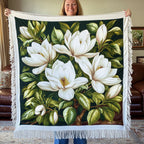 Magnolia Leaves woven sofa throw – white magnolias among green leaves