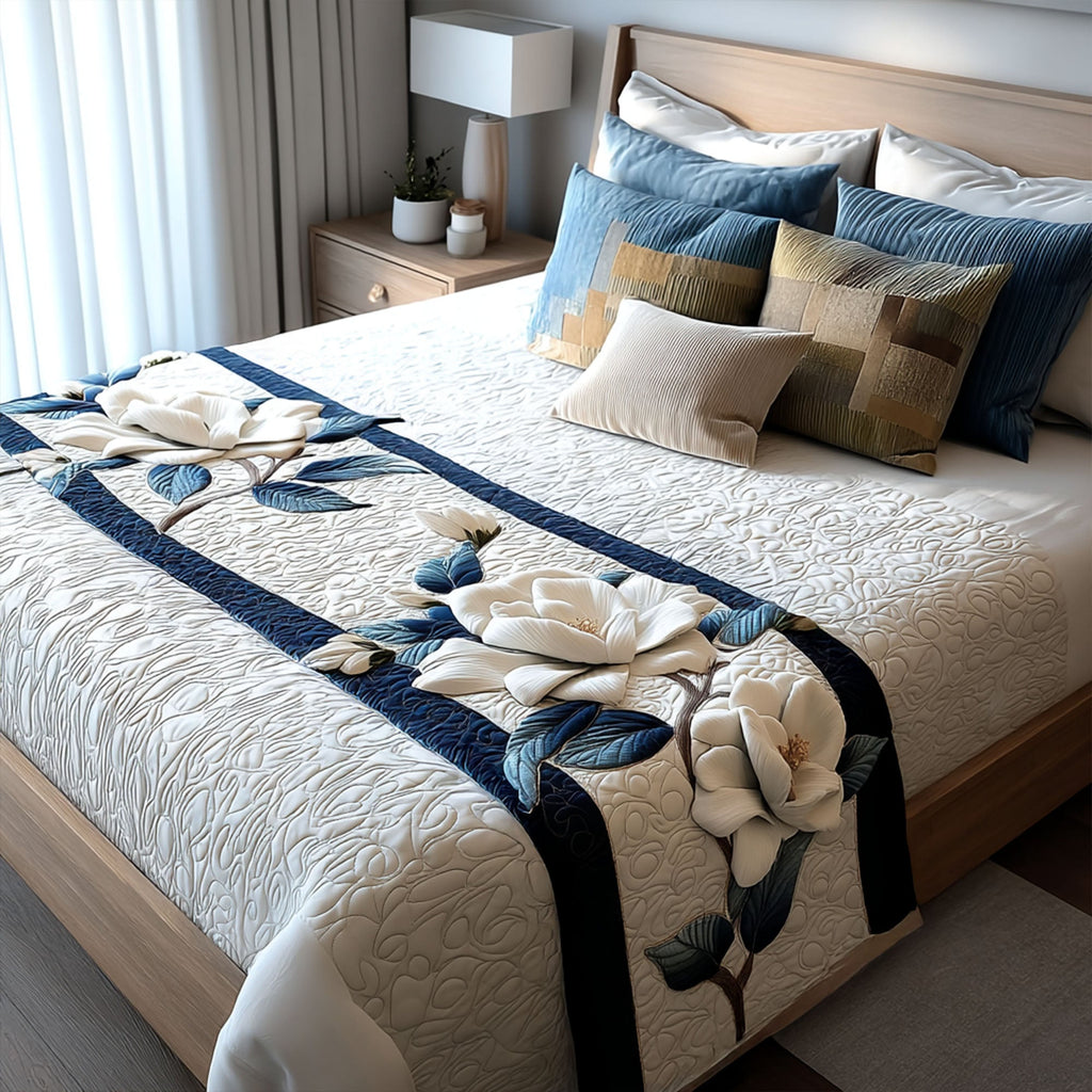Magnolia Navy Bands quilted bed runner – white magnolias between navy bands
