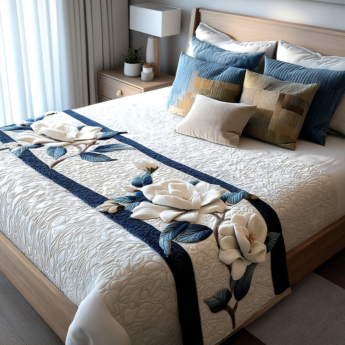 Magnolia Navy Bands quilted bed runner – white magnolias between navy bands