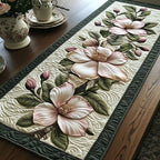 Blush Magnolia quilted table runner – blush magnolias on cream