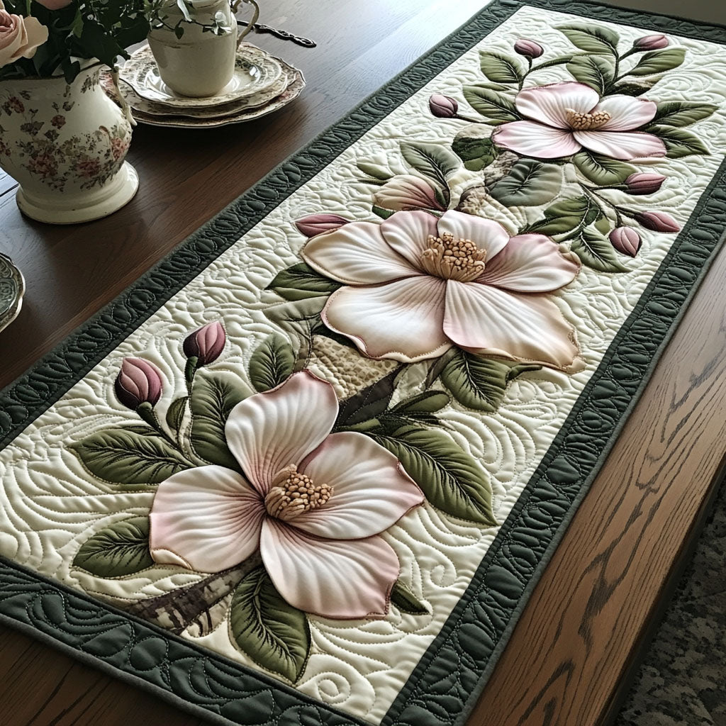 Blush Magnolia quilted table runner – blush magnolias on cream