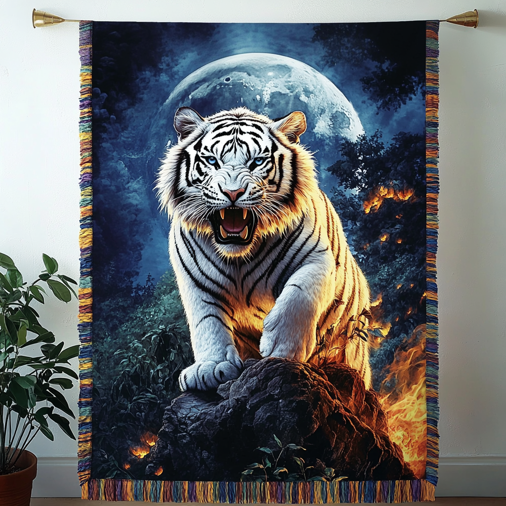 Fiery White Tiger woven sofa throw – white tiger under a full moon
