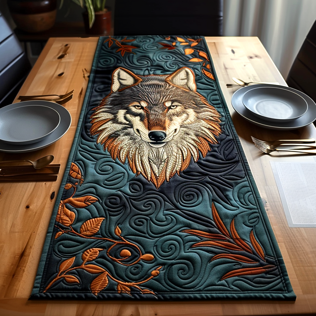 Wolf on Teal quilted table runner – wolf on swirling teal