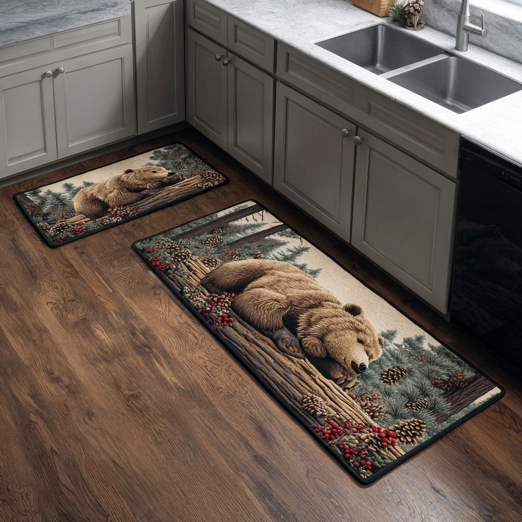 Resting Bear kitchen mat set – bear resting on a log