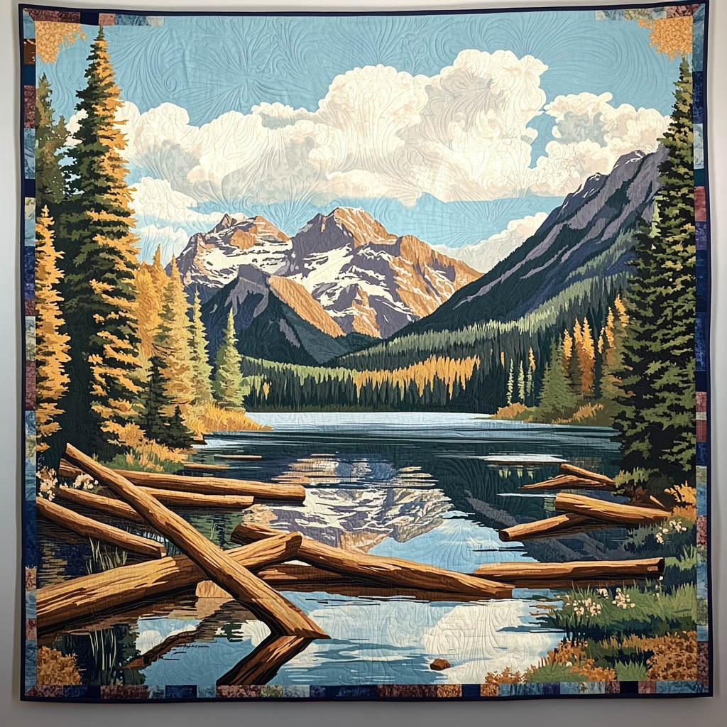 Mountain Logs Lake art quilt – lake with logs