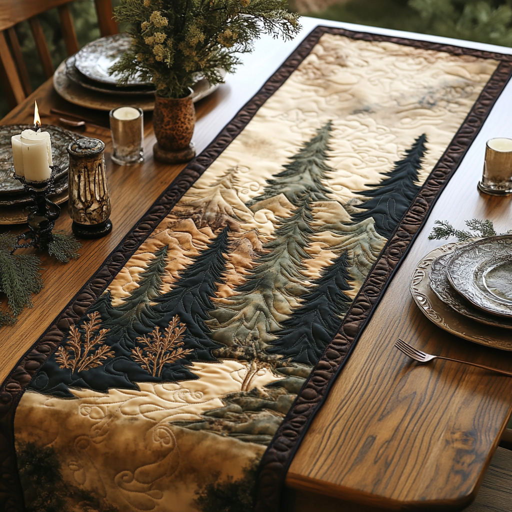 Misty Pine Forest quilted table runner – pines before misty hills