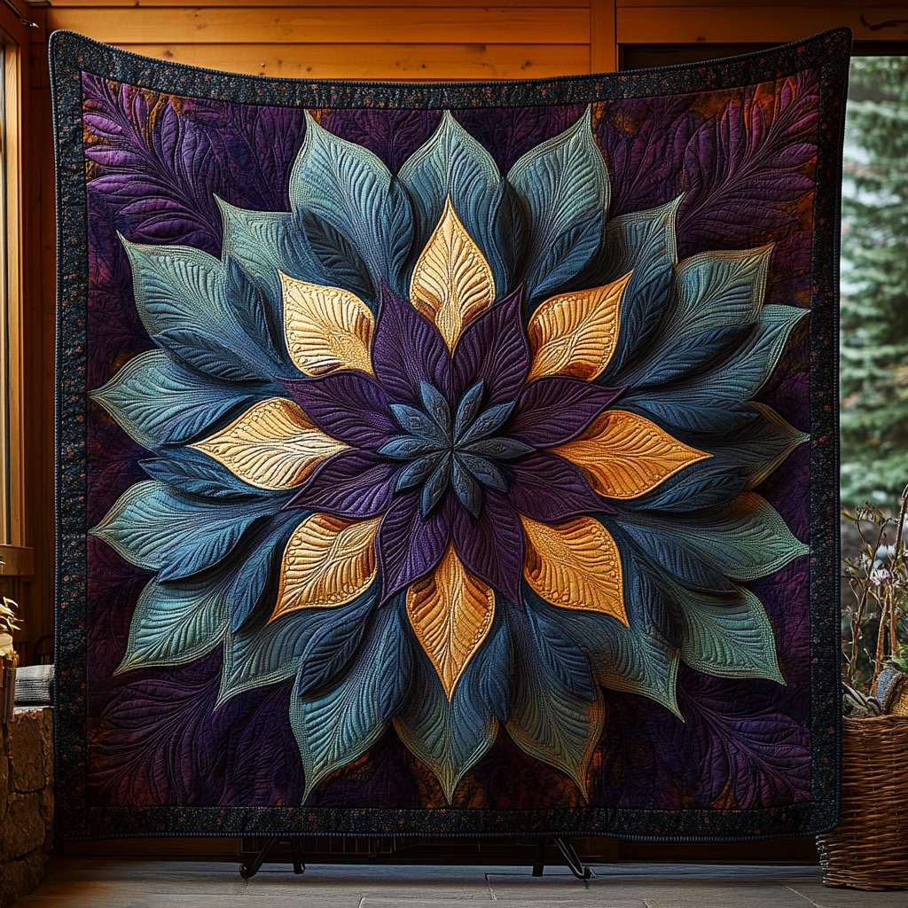 Golden Star Bloom quilted throw – blue and gold star bloom on purple