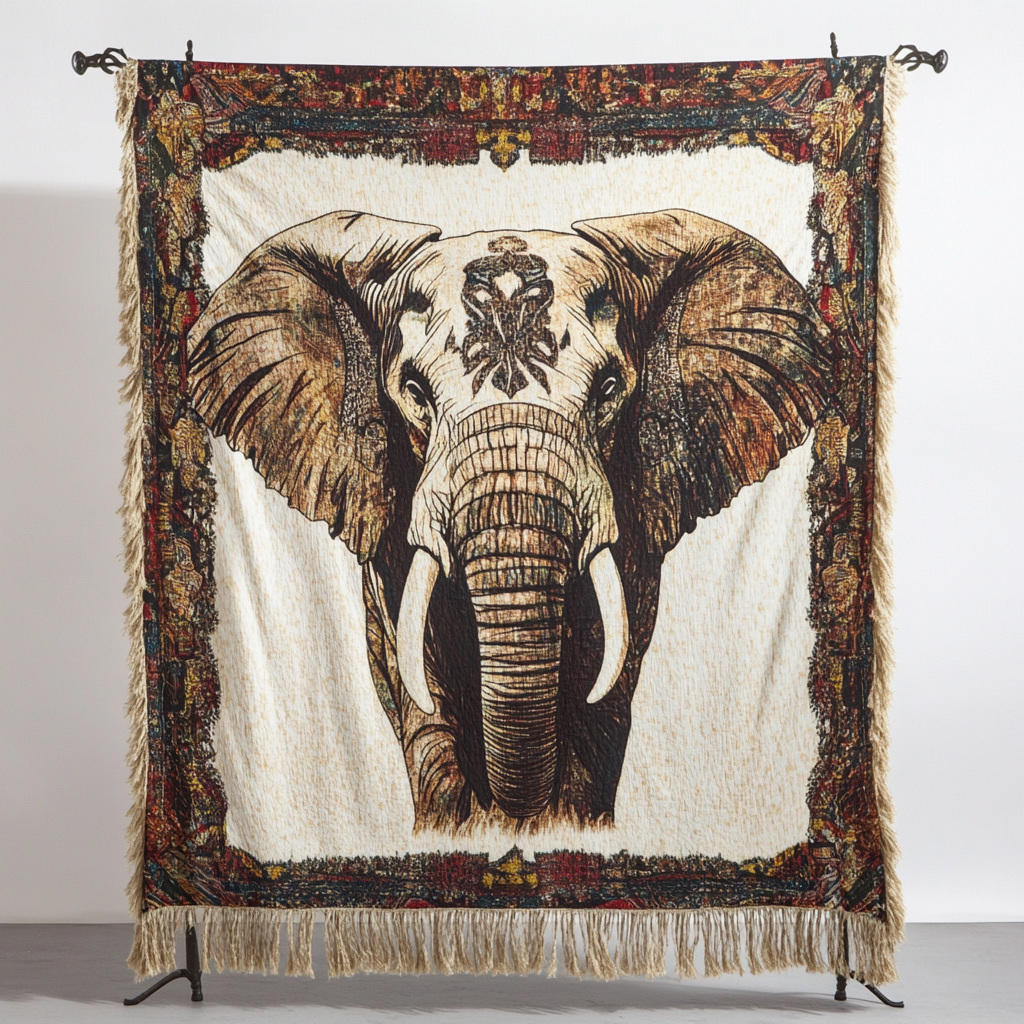 Ivory Elephant woven sofa throw – elephant on cream with ornate border
