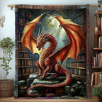 Copper Library Dragon fringed throw – copper dragon before tall bookshelves