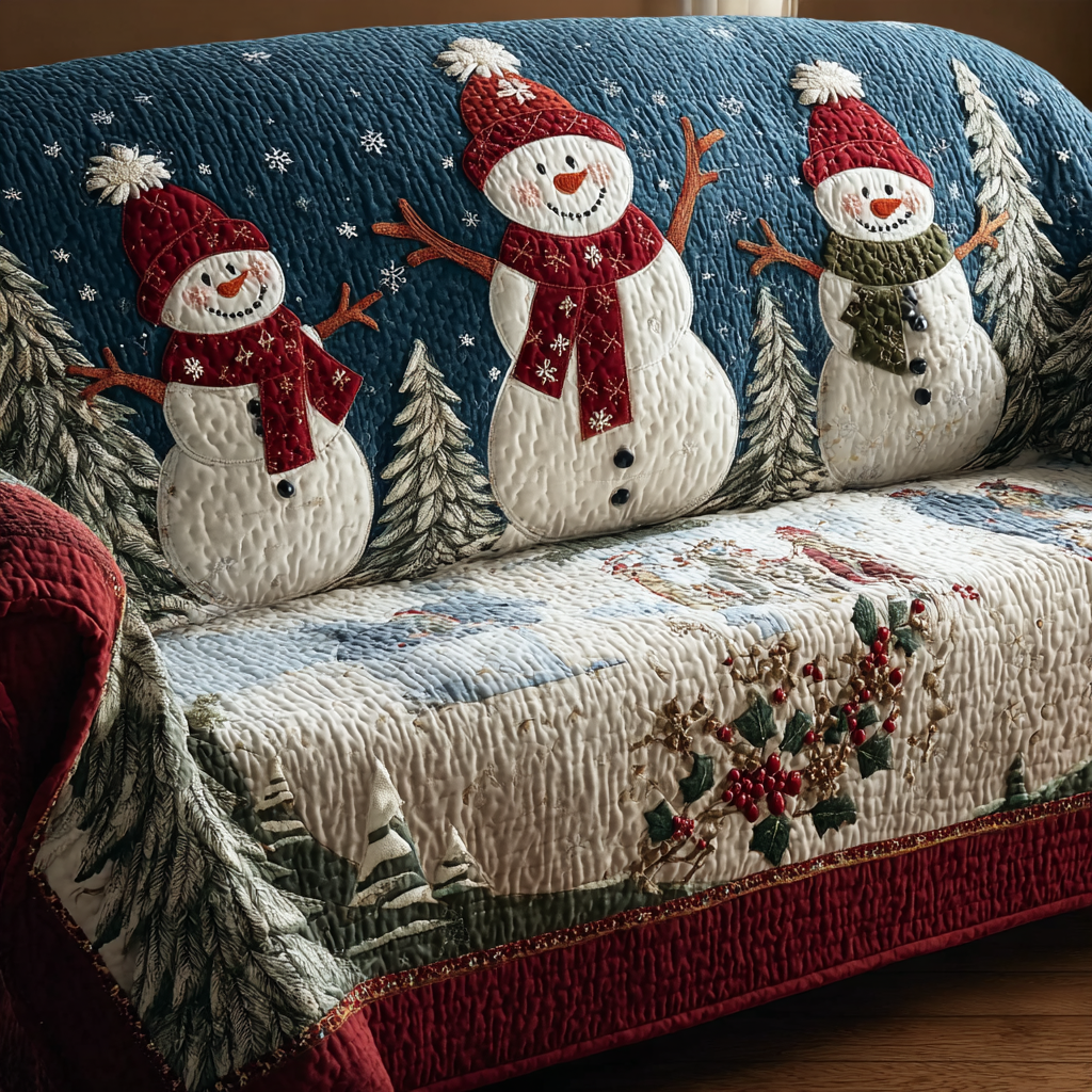 Snowmen and Pines quilted sofa cover – snowmen among pines on navy