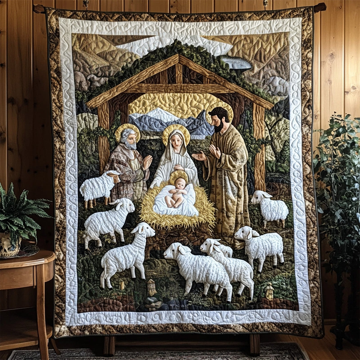 Manger Scene art quilt – nativity with sheep