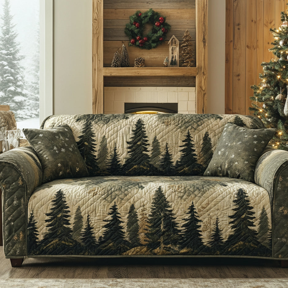 Evergreen Silhouettes quilted sofa cover – pine silhouettes on cream