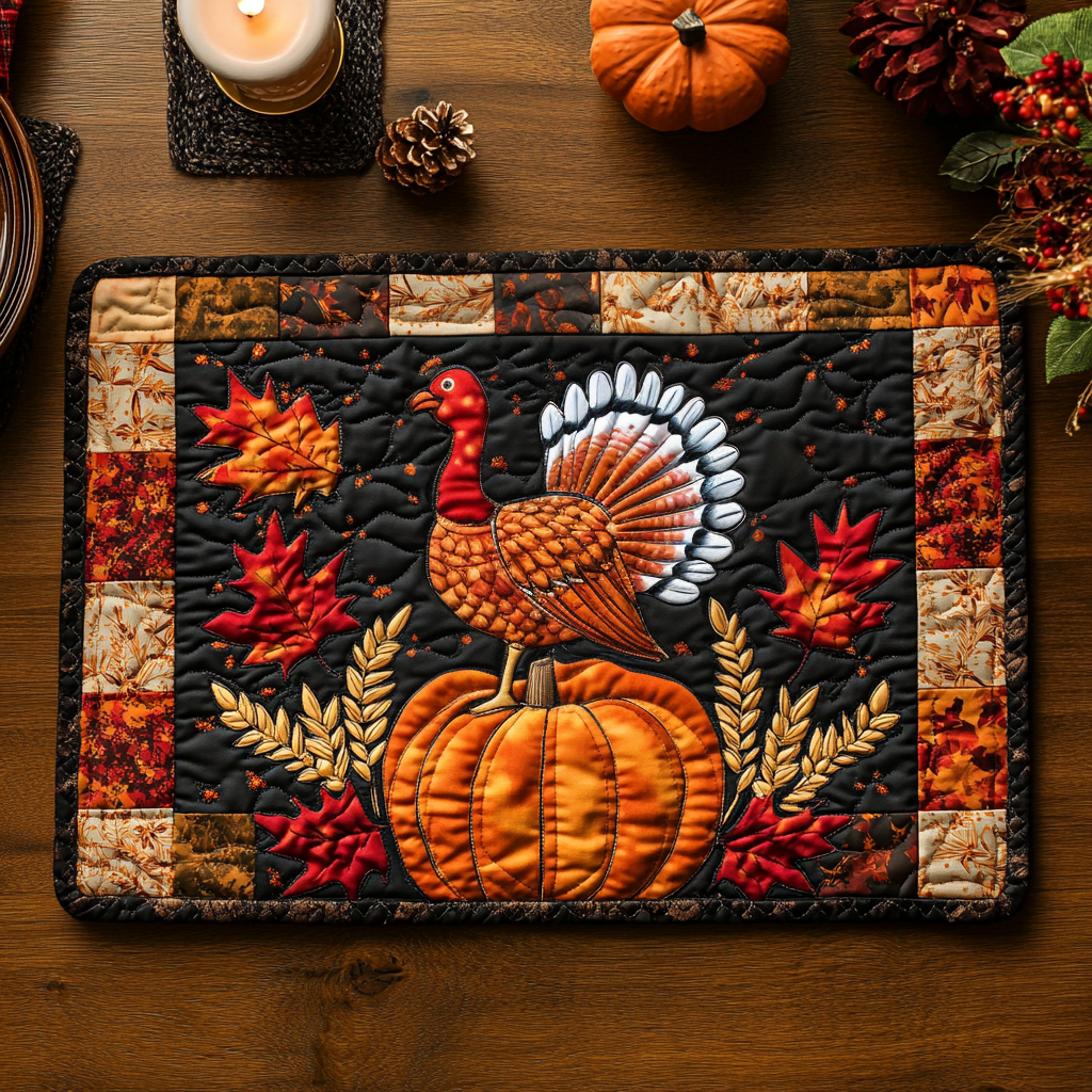 Maple Turkey quilted placemats – turkey on pumpkin
