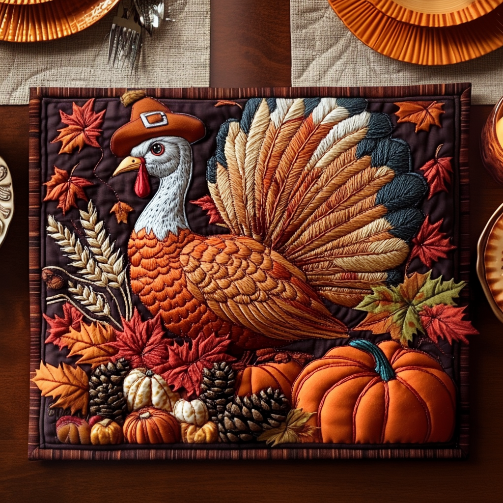 Harvest Feast Turkey quilted placemats – turkey with pumpkins