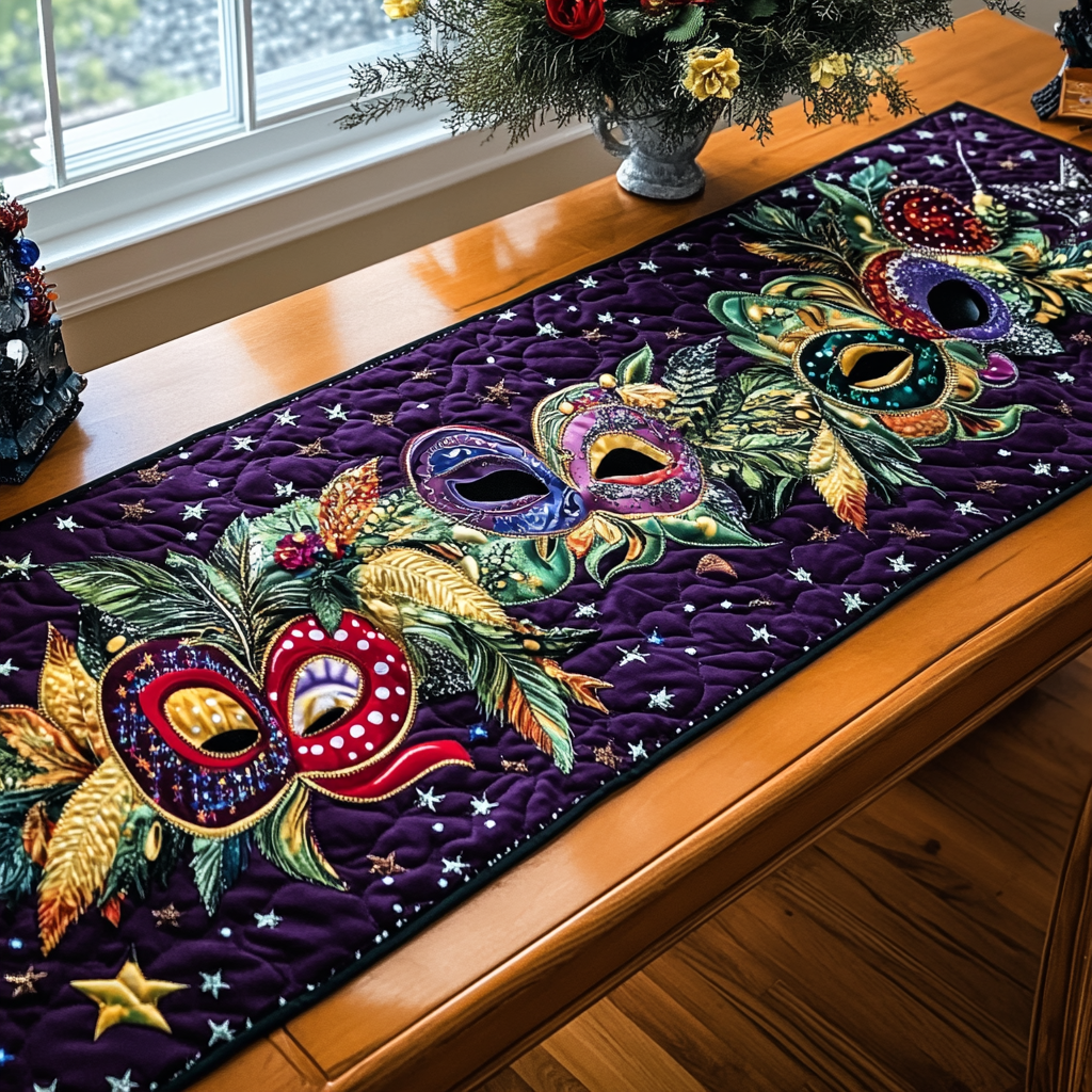Jewelled Masks quilted table runner – jewelled masks on purple