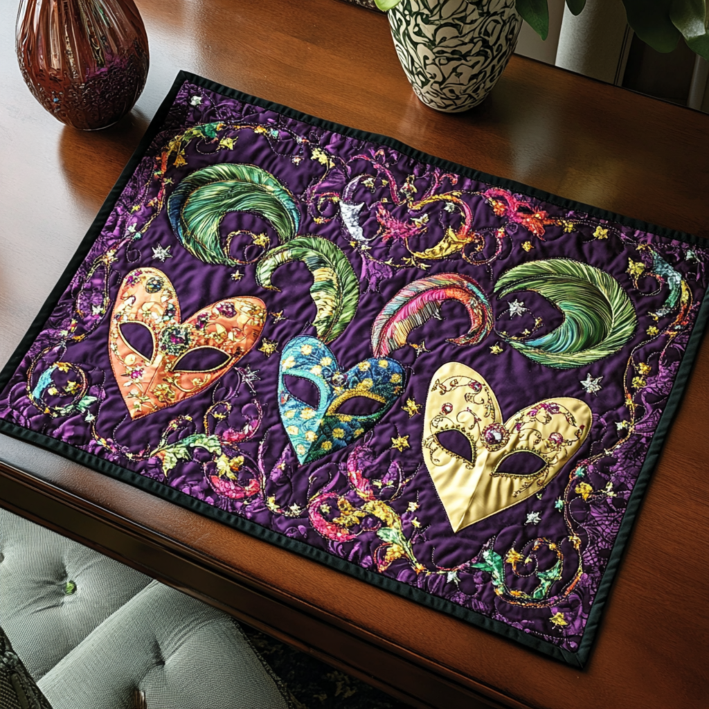 Masquerade Jubilee quilted placemats – heart masks and feathers
