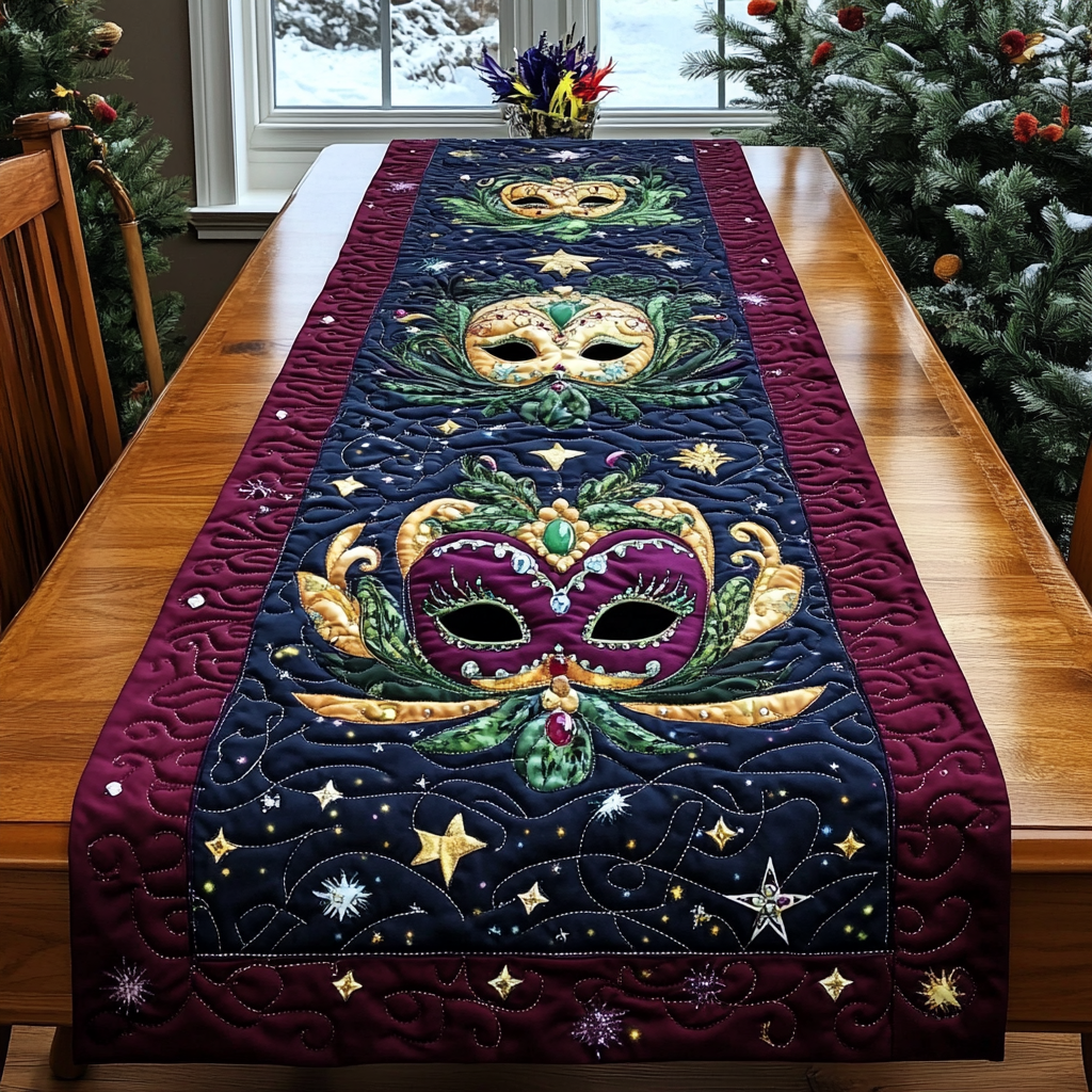Starry Masquerade quilted table runner – masks among stars