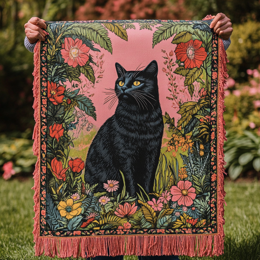 Black Cat on Pink fringed throw – black cat among flowers on soft pink