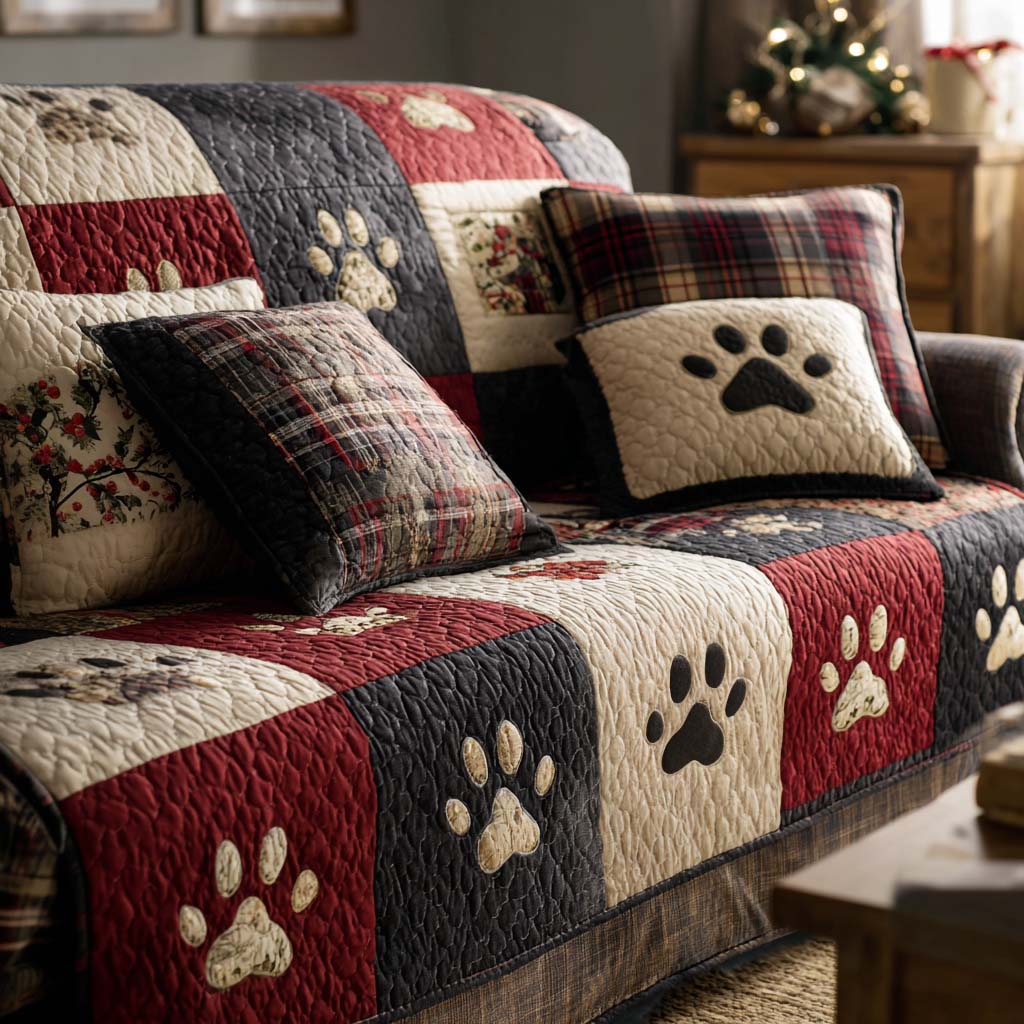 Tartan Paw Patchwork quilted sofa cover – paw prints with tartan squares