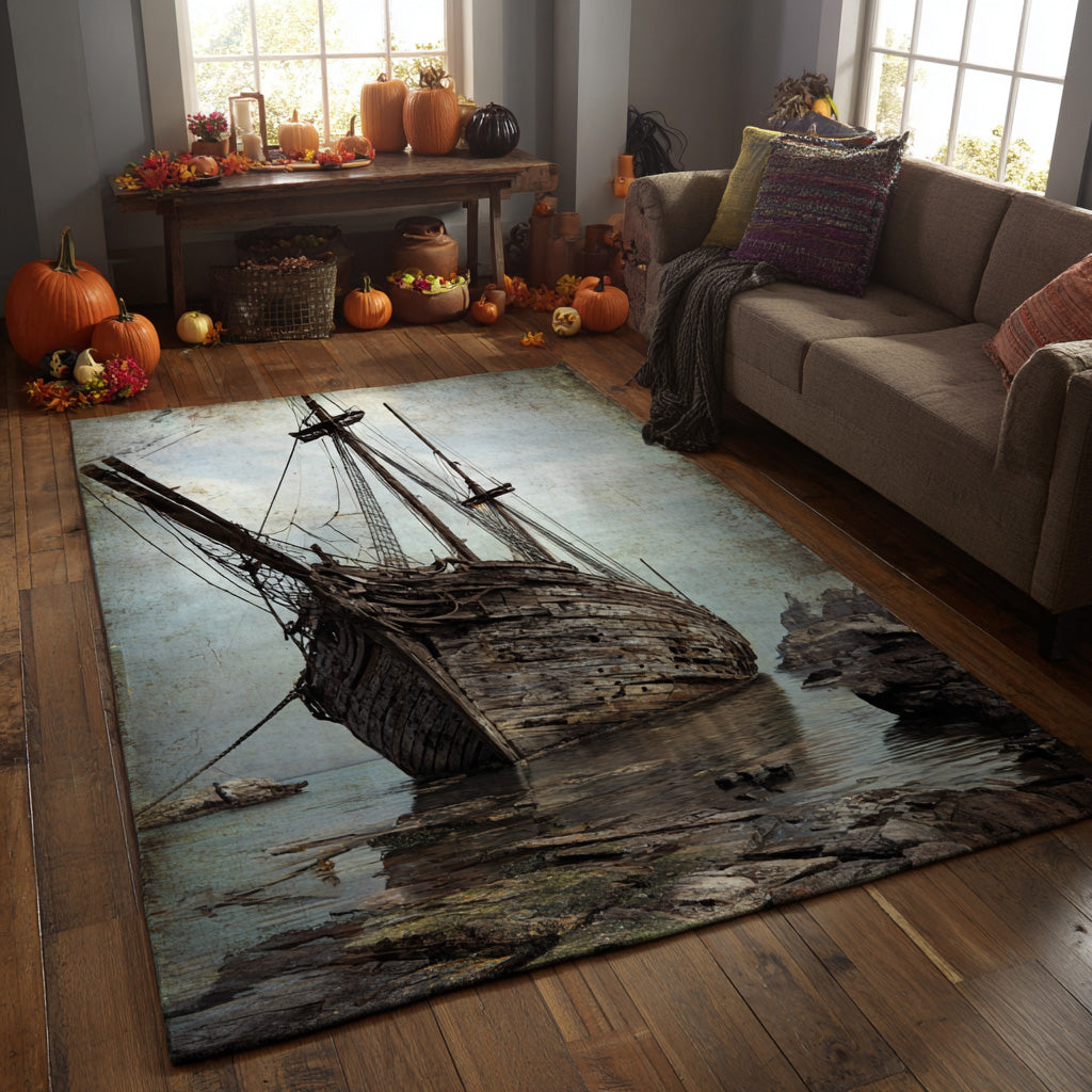 Ghost Ship Horizon rug – wrecked ship in mist