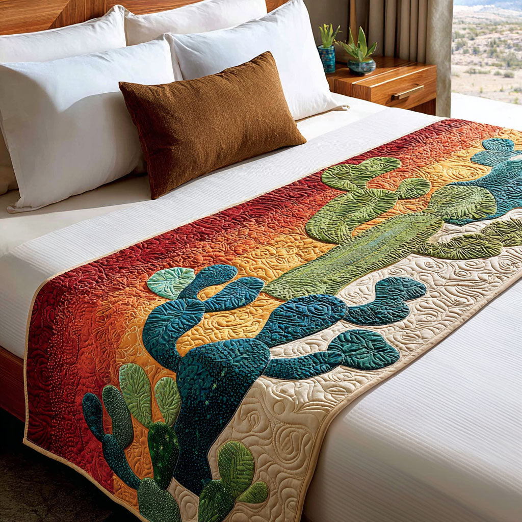 Desert Starburst quilted bed runner – teal cacti against a red starburst