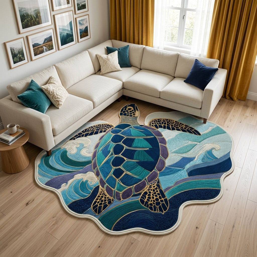 Marine Bliss shaped rug – turtle on teal waves