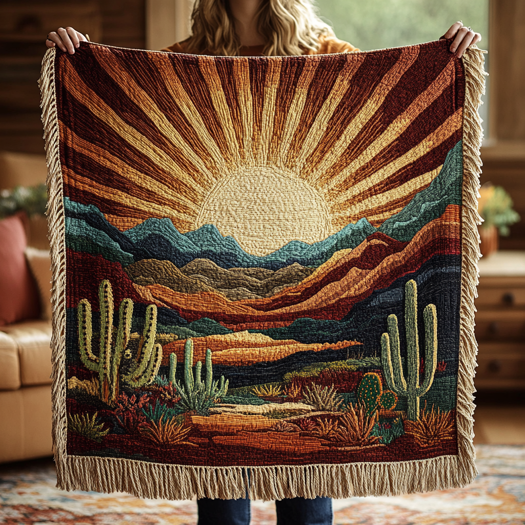 Desert Sunrise fringed throw – golden sun over red desert hills