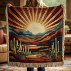 Desert Sunrise fringed throw – golden sun over red desert hills