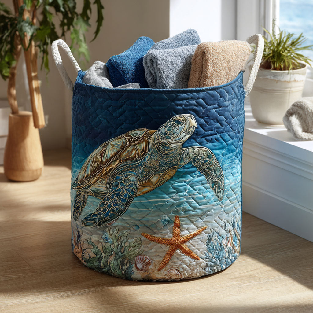 Quilted laundry basket with marine turtles swimming, shell markings picked out against deep blue, in the Marine Turtles design